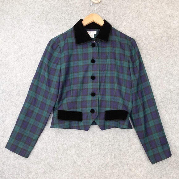 VTG Talbots Crop Blazer Womens 8‎ Navy Green Tartan Plaid Velvet Trim Equestrian - Picture 1 of 11